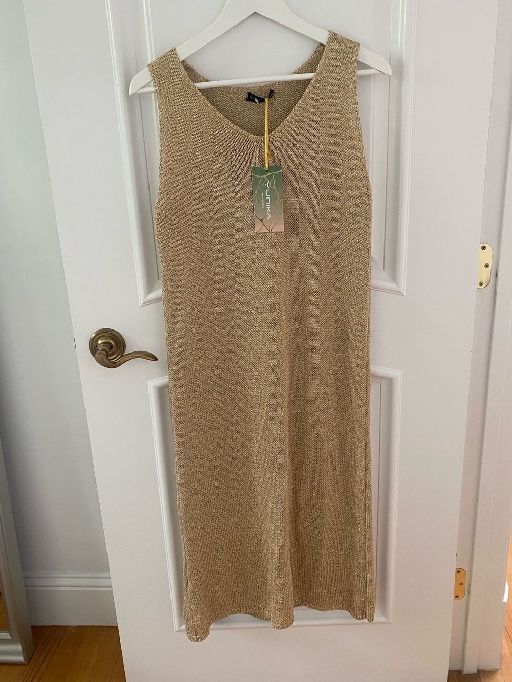 Yunika Gold Metallic Knit Maxi Dress Cover Up Resort Vacation Size M/L